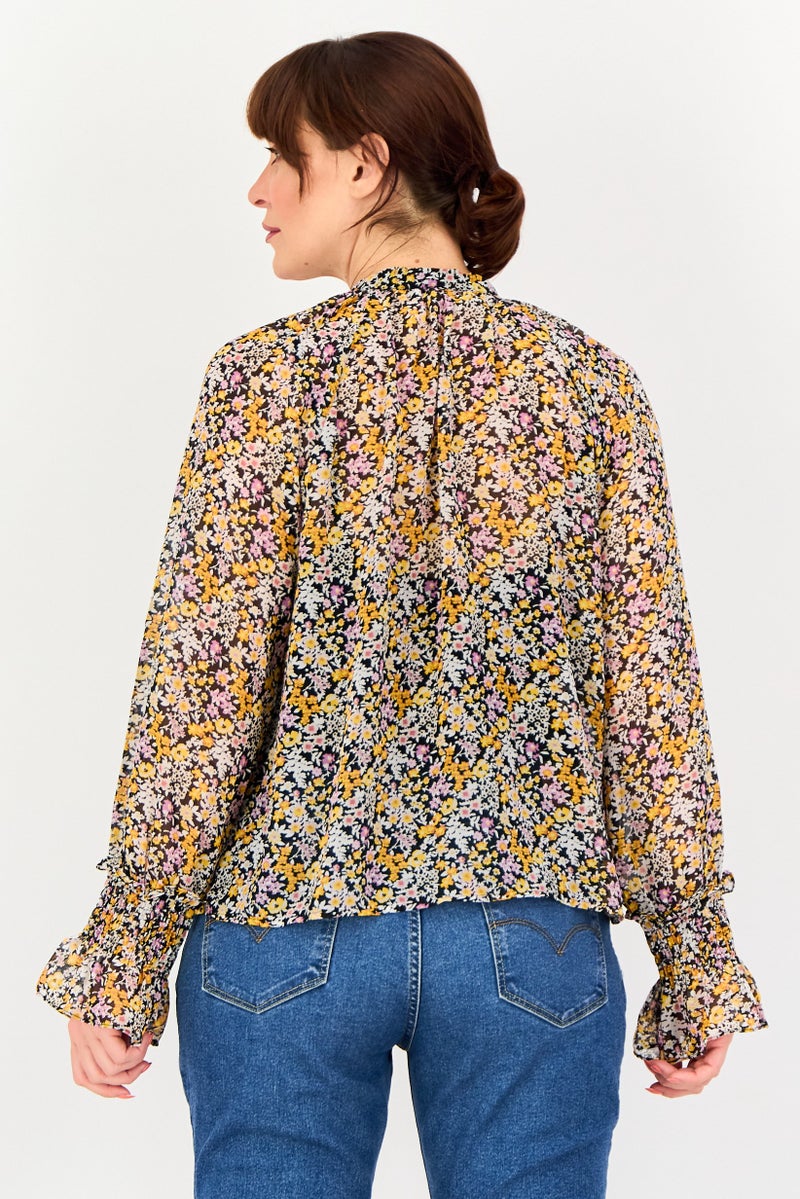 Fire & Glory بلوزة نسائية بأكمام طويلة وطباعة زهور مع رباط حول العنق، متعددة الألوان - Image 4